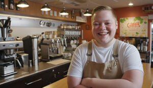 Young man standing in a cafe. Weating a brown apron and smiling proudly with his arms crossed. Coffee machines in the background.