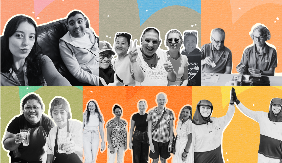 Collage of Intelife Disability Support workers with participants and with orange, yellow and blue backgrouns