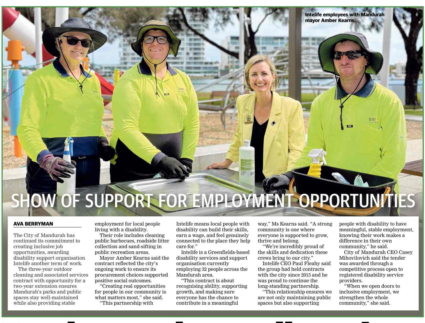 “Three Intelife employees in high-visibility uniforms stand with Mandurah Mayor Amber Kearns at a public outdoor area, highlighting support for inclusive employment opportunities and community partnerships.”