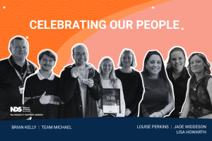 Group photo of Intelife's WA Disability Support Awards 2026 winners and nominees on an orange background, with the heading "Celebrating Our People" above and their names listed below: Brian Kelly, Team Michael, Louise Perkins, Jade Widdeson, and Lisa Howarth.